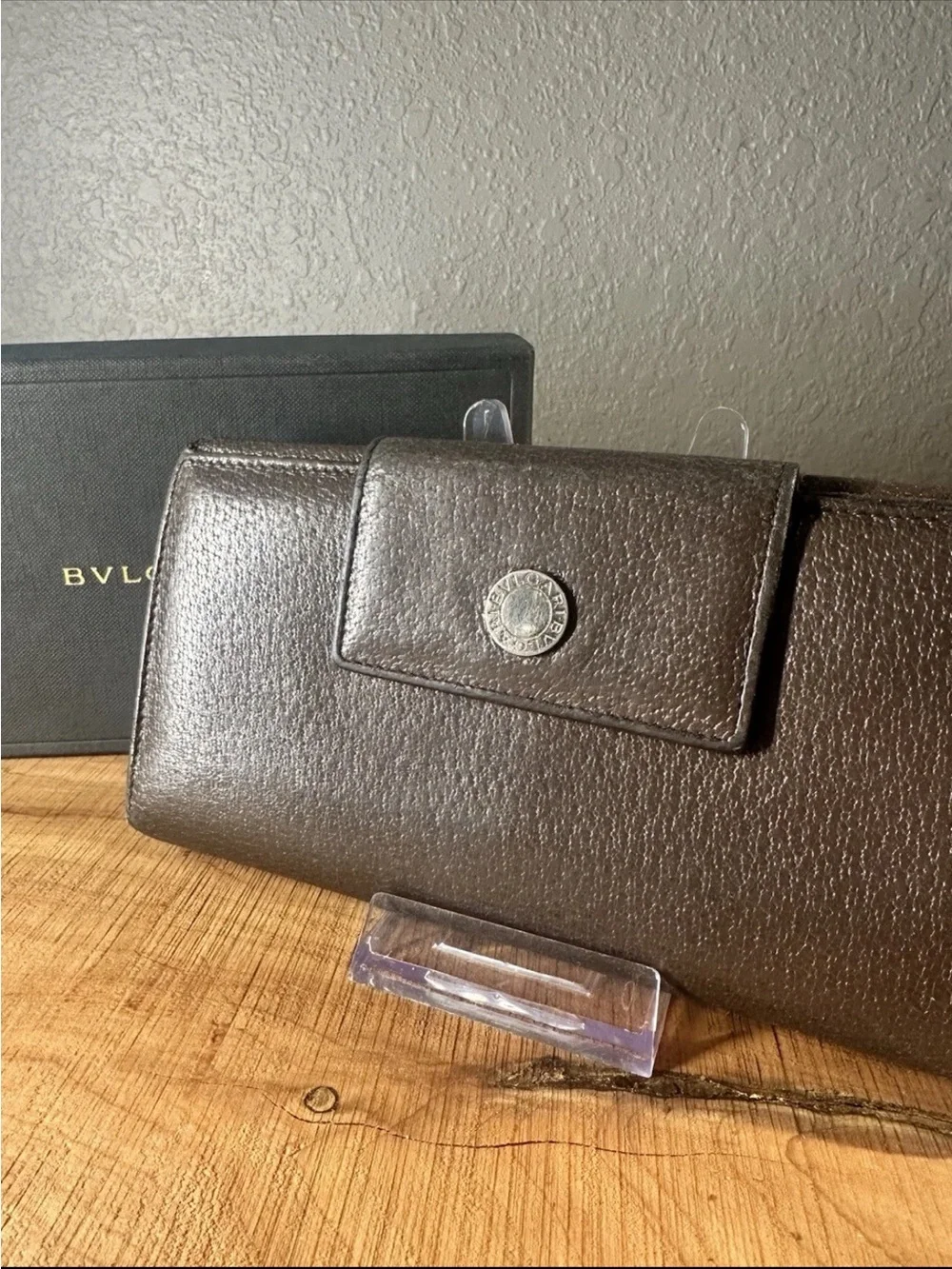 Bvlgari Brown Pebbled Leather Continental Wallet Long Bifold Italy Authentic